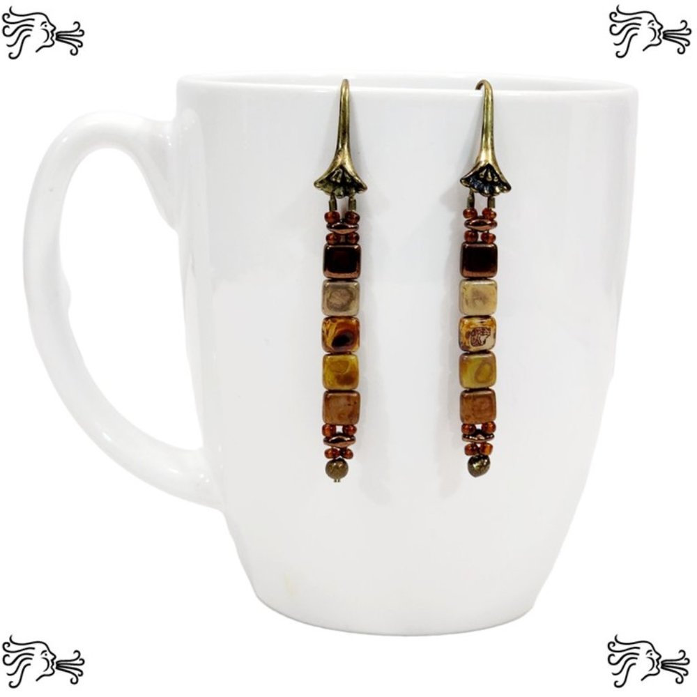 Picasso Tila Duo Bead Earrings Miyuki Glass Lightweight Brown